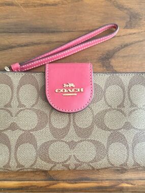 Coach Brown Signature Canvas Wristlet with Pink Leather Accent